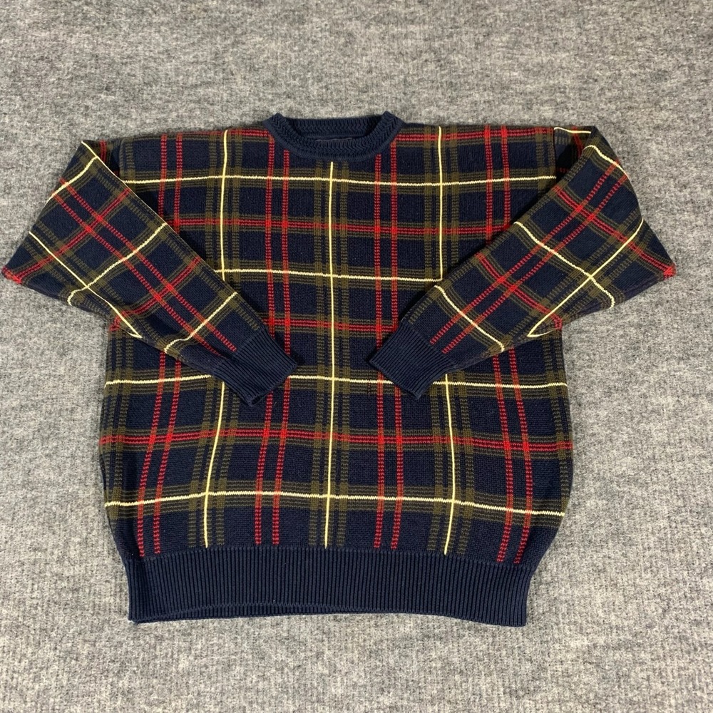 Vintage Woods‎ & Gray Sweater Mens Medium Navy Blue Plaid Cotton Knit Pullover